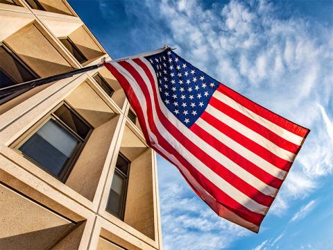 An American flag on campus.